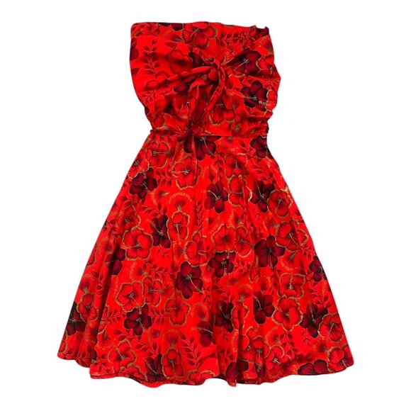 Handmade Hawaiian Tropical‎ Floral Strapless Wrap Around Midi Dress Red XS - Picture 1 of 8
